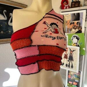 Betty Boop Pink & Red Patchwork One-Shoulder Tank Top